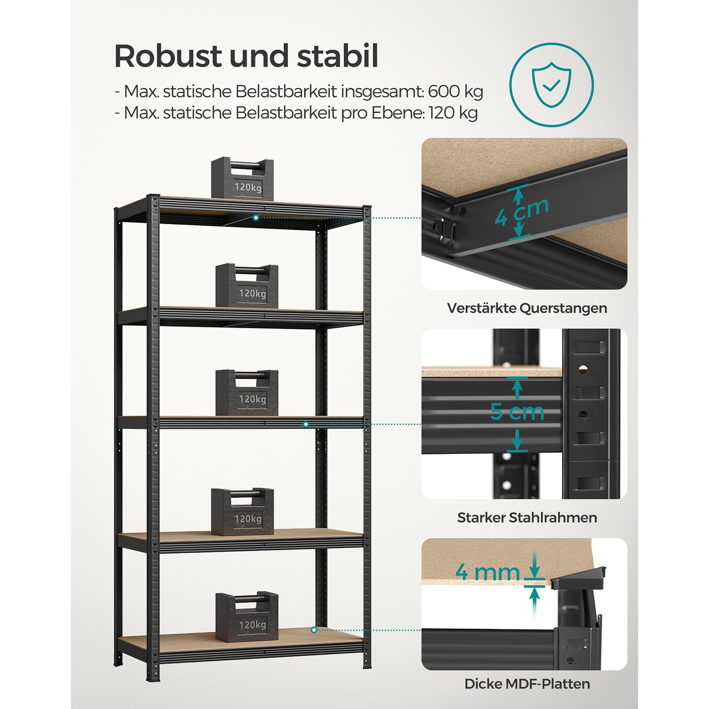 Schwerlastregal, 2er Set, Kellerregal, Lastenregal, 5 Ablagen, 50x100x200cm, bis 600 kg, Standregal, , Songmics, 4
