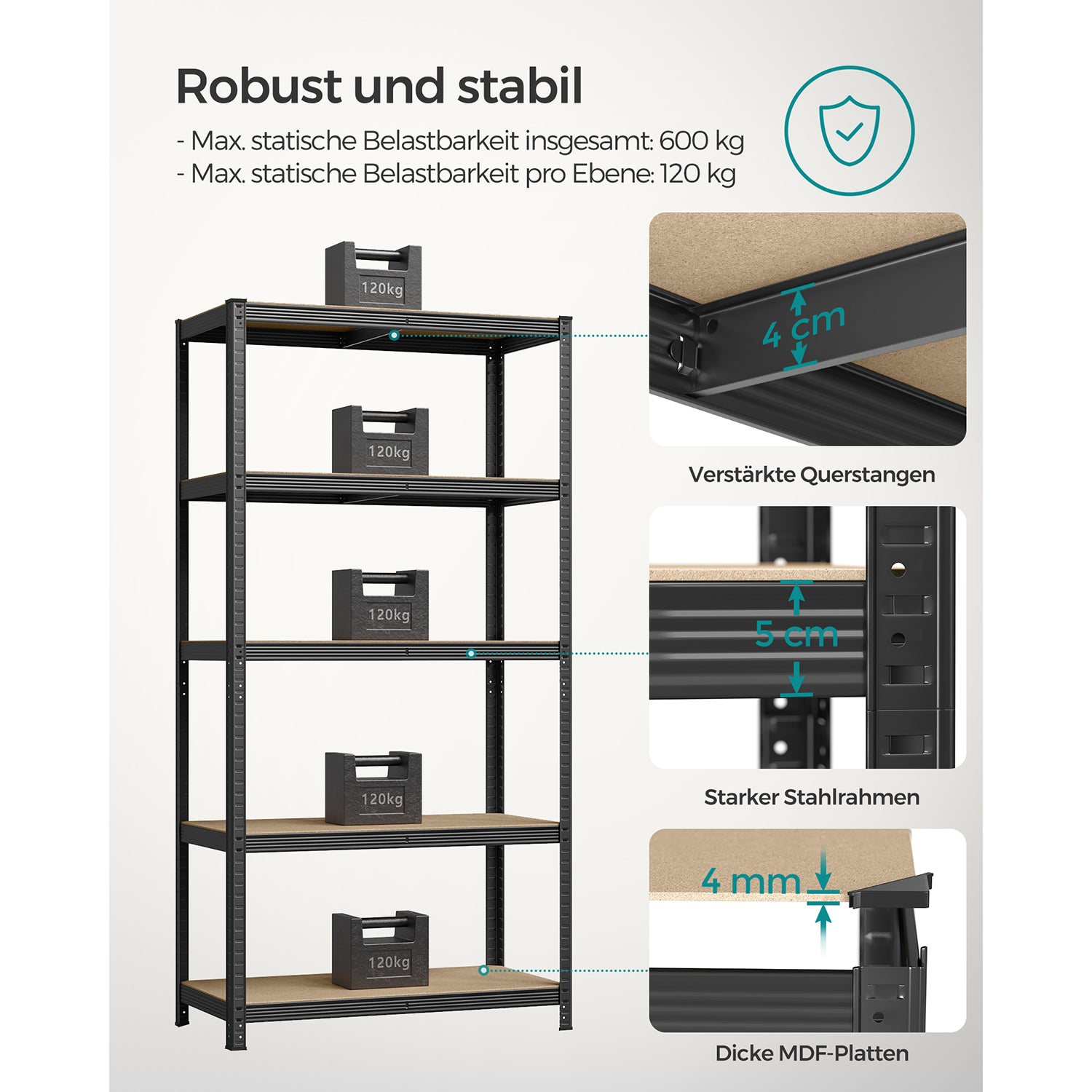 Schwerlastregal, 2er Set, Kellerregal, Lastenregal, 5 Ablagen, 50x100x200cm, bis 600 kg, Standregal, , Songmics, 4