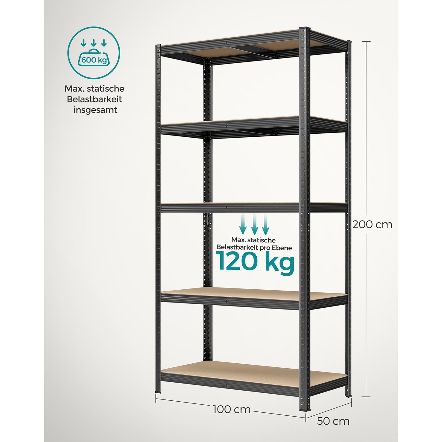 Schwerlastregal, 2er Set, Kellerregal, Lastenregal, 5 Ablagen, 50x100x200cm, bis 600 kg, Standregal, , Songmics, 8