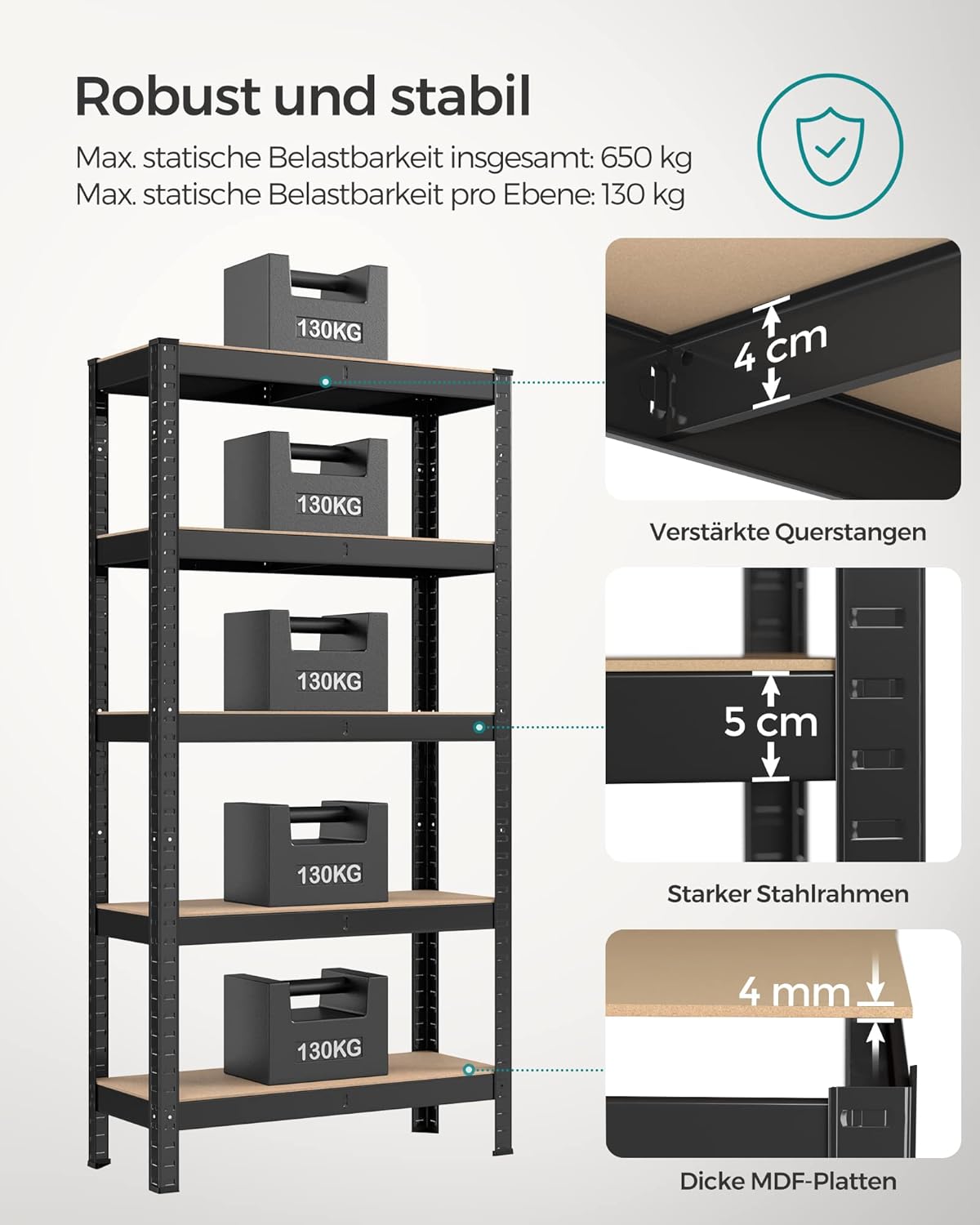 Schwerlastregal, 2er Set, Kellerregal, Lastenregal, 5 Ablagen, Regal Schmal, 30x75x150cm, bis 650 kg, Schwarz, Songmics, 3