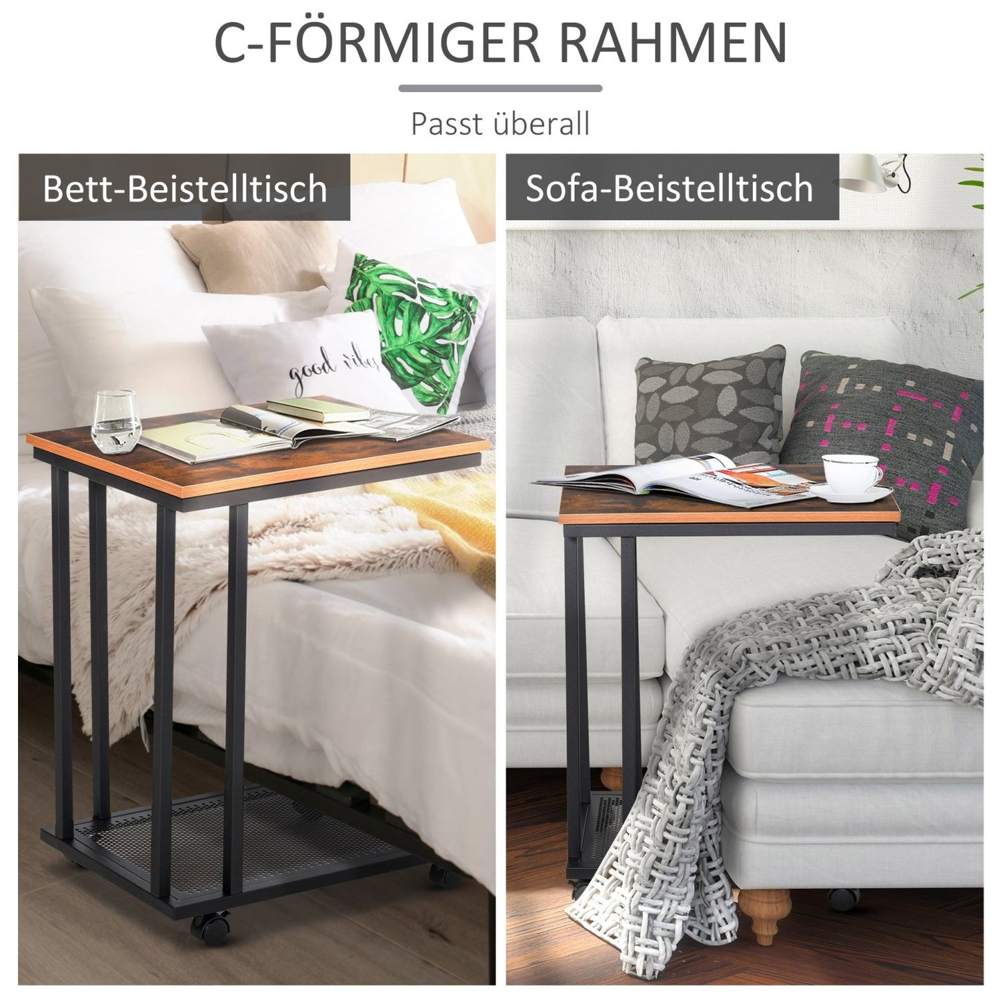 Sofatisch, Beistelltisch C-Form rollbar Rollwagen, Servierwagen, Nebentisch, Robust und Stabil, HOMCOM, 4