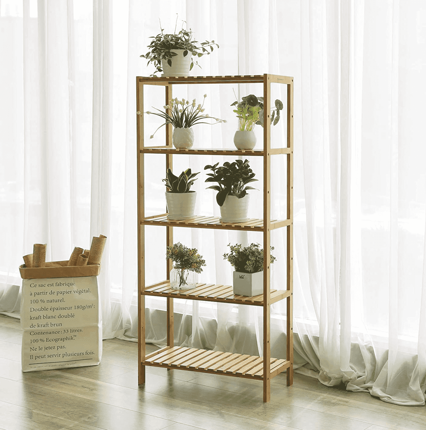 Songmics Badregal aus Bambus, Bücherregal mit 5 Ablagen, verstellbare Regalböden