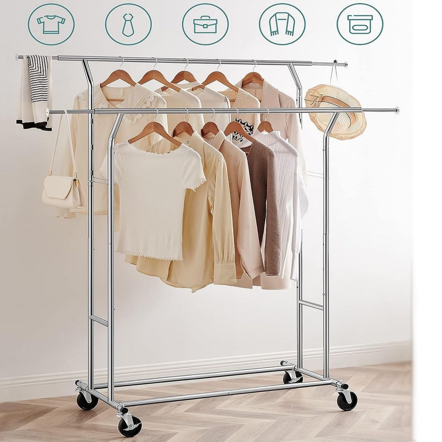 Kleideständer, Rollgarderobe, mit 2 Kleiderstangen, Kleiderwagen, Garderobenständer, Songmics