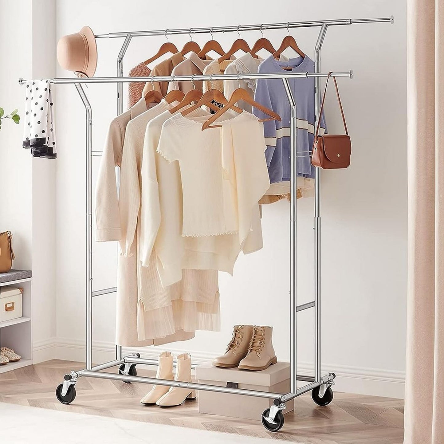 Kleiderständer, Kleiderständer Stabil, mit 2 Kleiderstangen, bis 110 kg belastbar, Rollgarderobe, verstellbar, Songmics