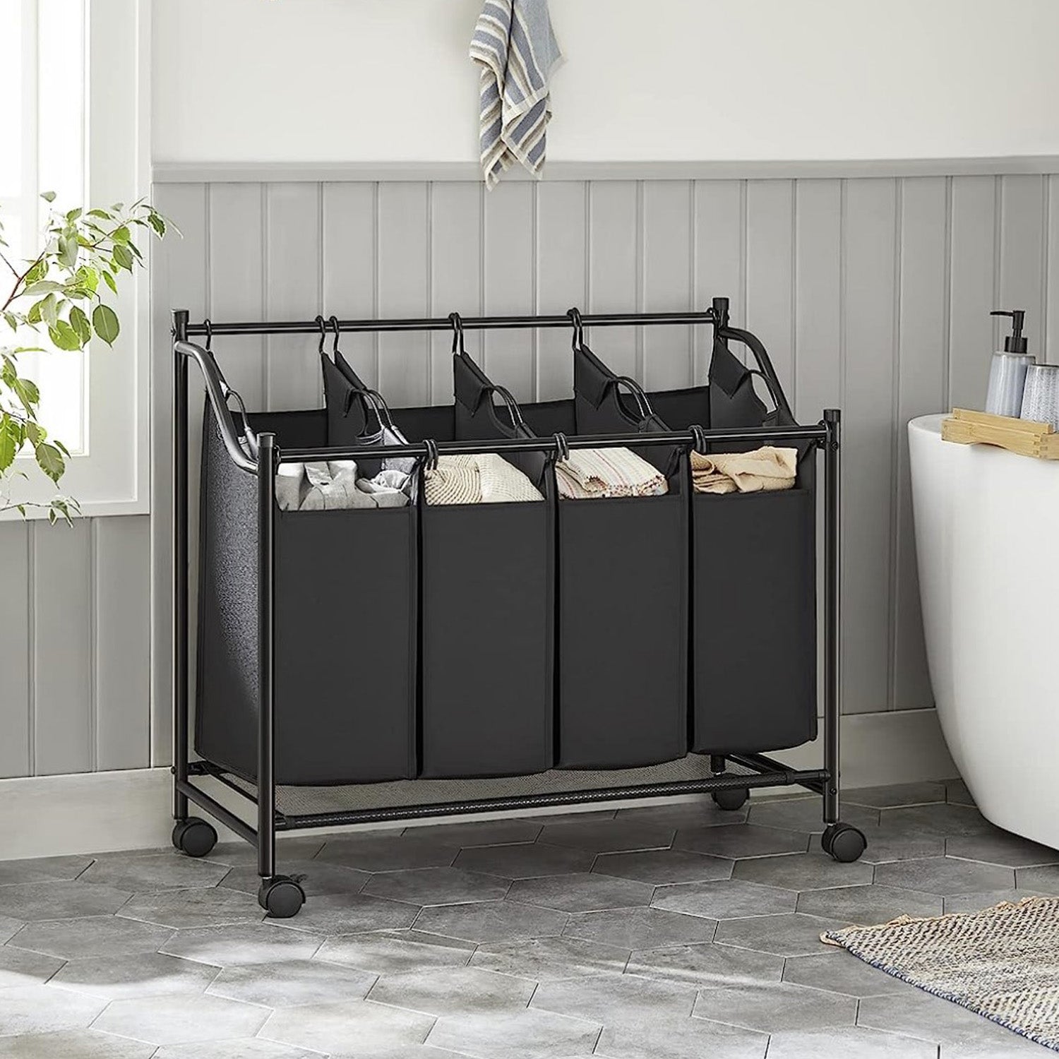 Wäschekorb, Wäschesortierer, Wäschesortierer 4 Fächern, Wäschesammler, mit Rädern, 4 x 35 L, Schwarz, Songmics, 10