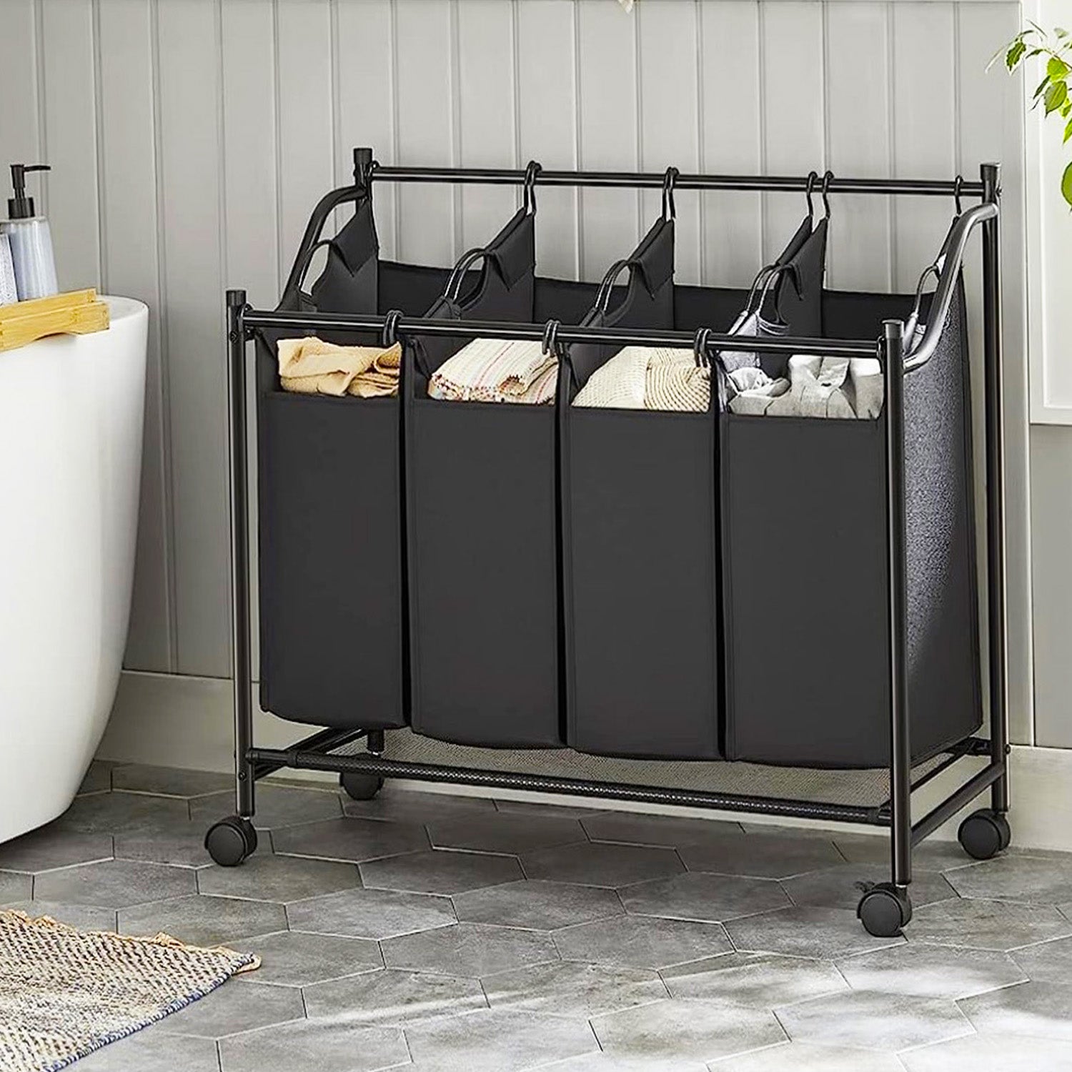 Wäschekorb, Wäschesortierer, Wäschesortierer 4 Fächern, Wäschesammler, mit Rädern, 4 x 35 L, Schwarz, Songmics, 1