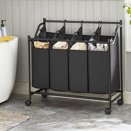 Wäschekorb, Wäschesortierer, Wäschesortierer 4 Fächern, Wäschesammler, mit Rädern, 4 x 35 L, Schwarz, Songmics, 1