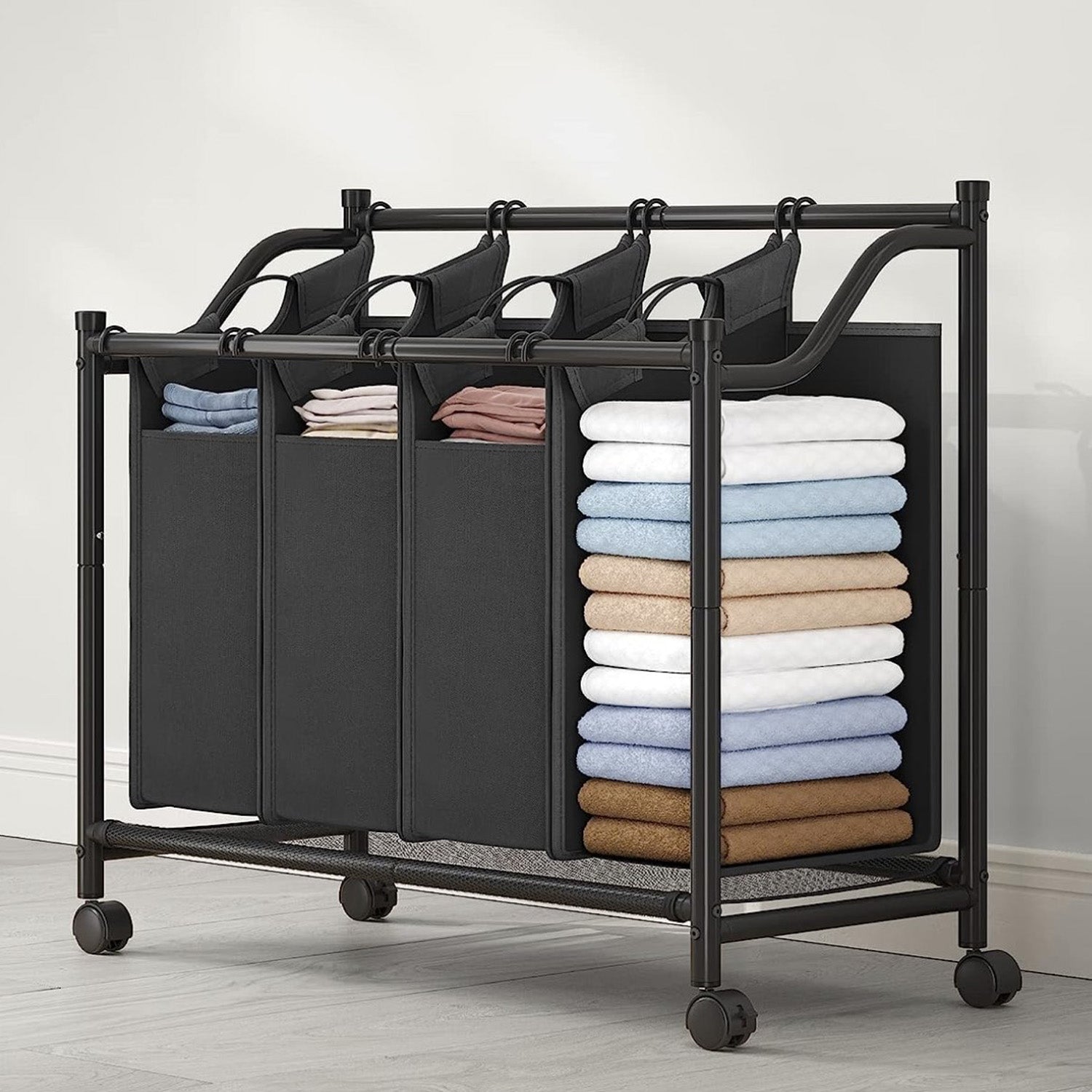 Wäschekorb, Wäschesortierer, Wäschesortierer 4 Fächern, Wäschesammler, mit Rädern, 4 x 35 L, Schwarz, Songmics, 6