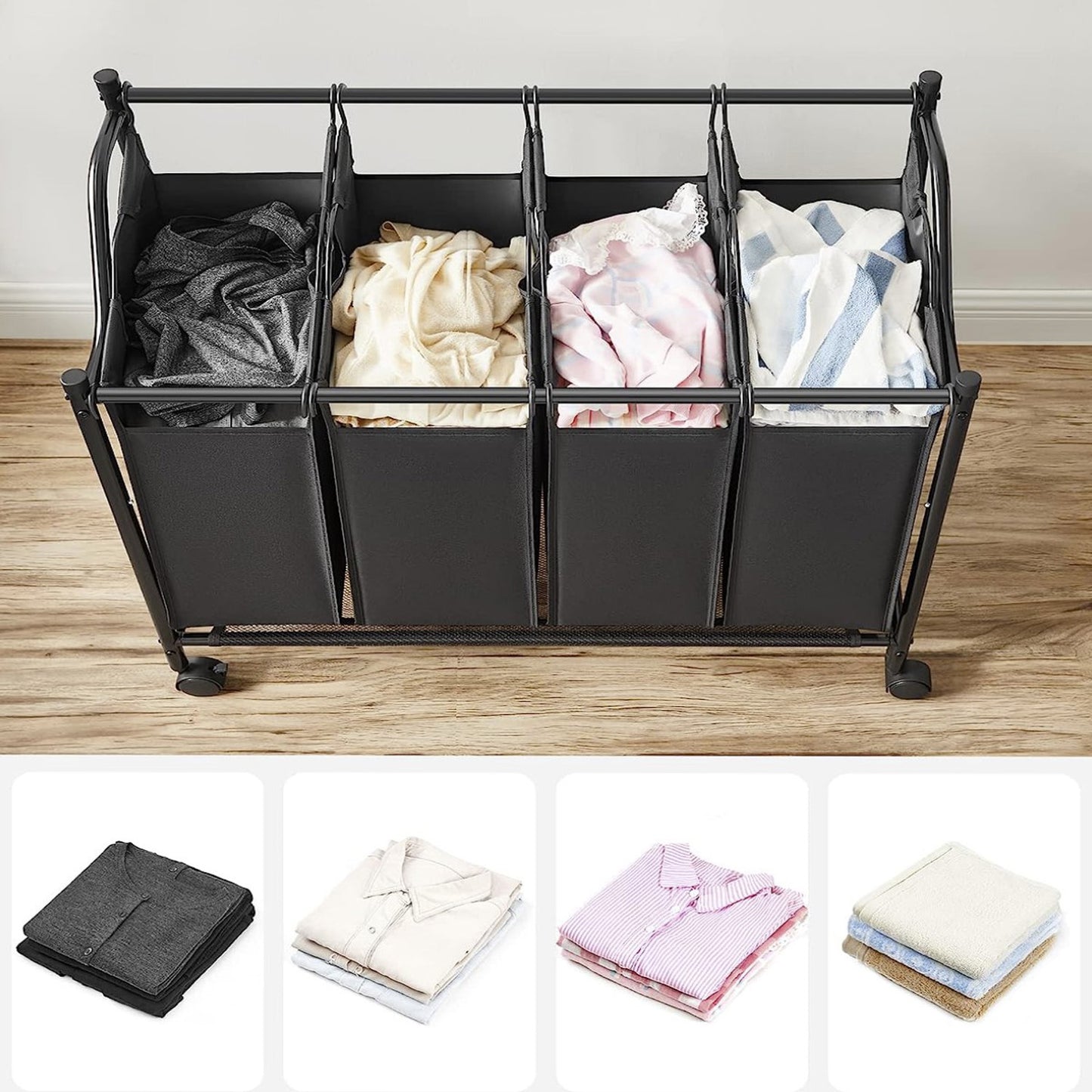 Wäschekorb, Wäschesortierer, Wäschesortierer 4 Fächern, Wäschesammler, mit Rädern, 4 x 35 L, Schwarz, Songmics, 2