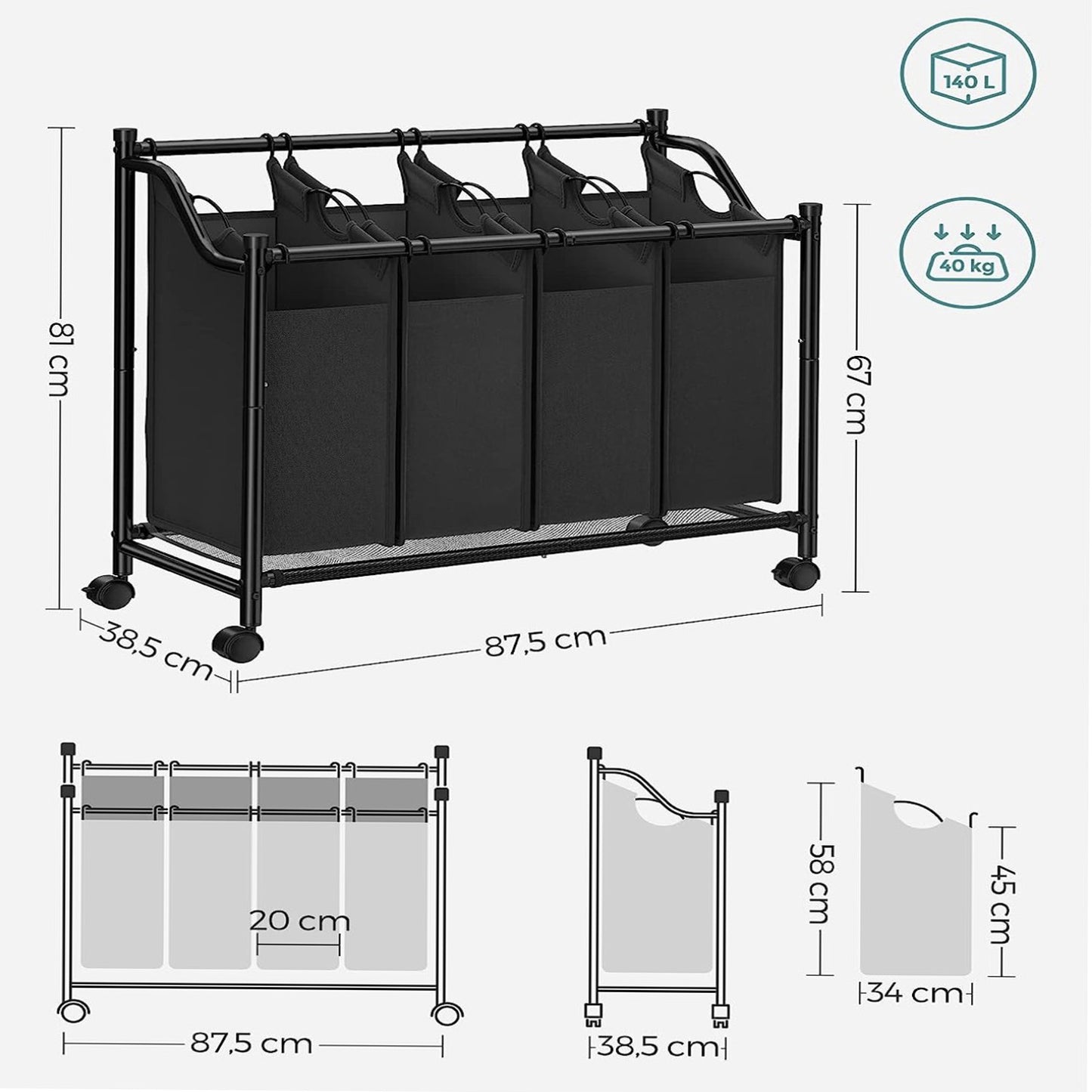 Wäschekorb, Wäschesortierer, Wäschesortierer 4 Fächern, Wäschesammler, mit Rädern, 4 x 35 L, Schwarz, Songmics, 7