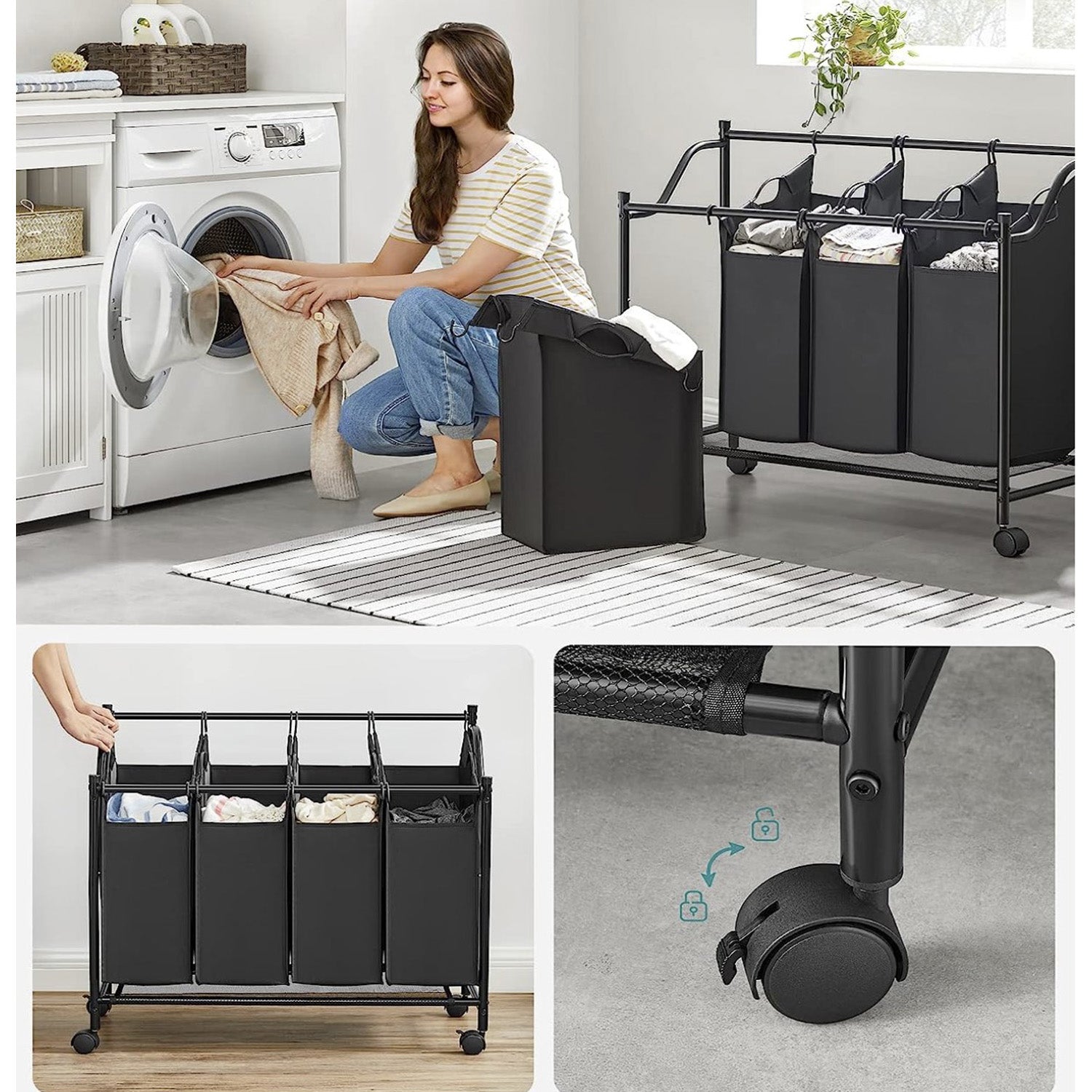 Wäschekorb, Wäschesortierer, Wäschesortierer 4 Fächern, Wäschesammler, mit Rädern, 4 x 35 L, Schwarz, Songmics, 5