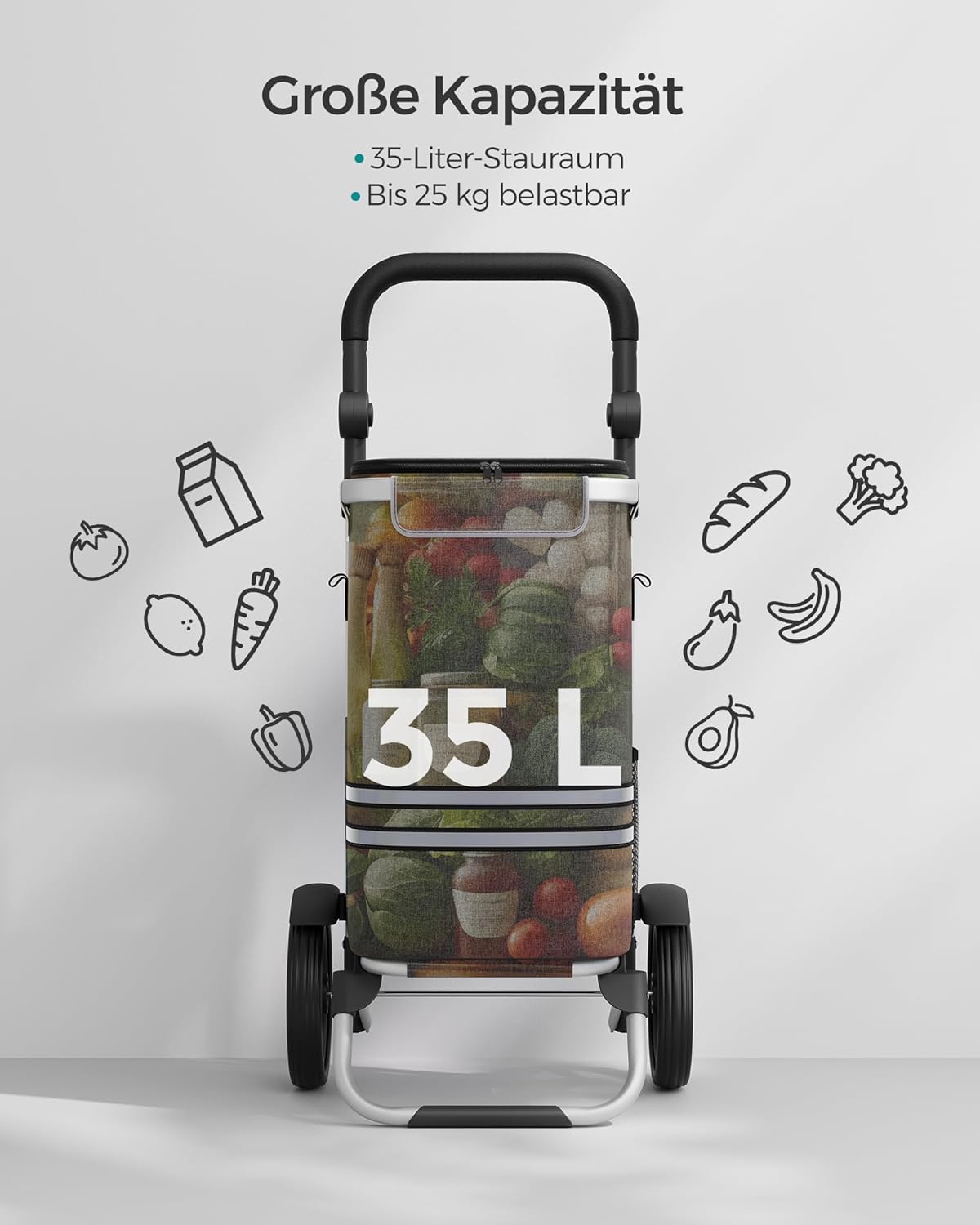 Einkaufstrolley, Trolley, Einkaufswagen mit Kühlfach, groß, 35 Liter, klappbar, Einkaufstasche mit Rollen, grau, SONGMICS, 4