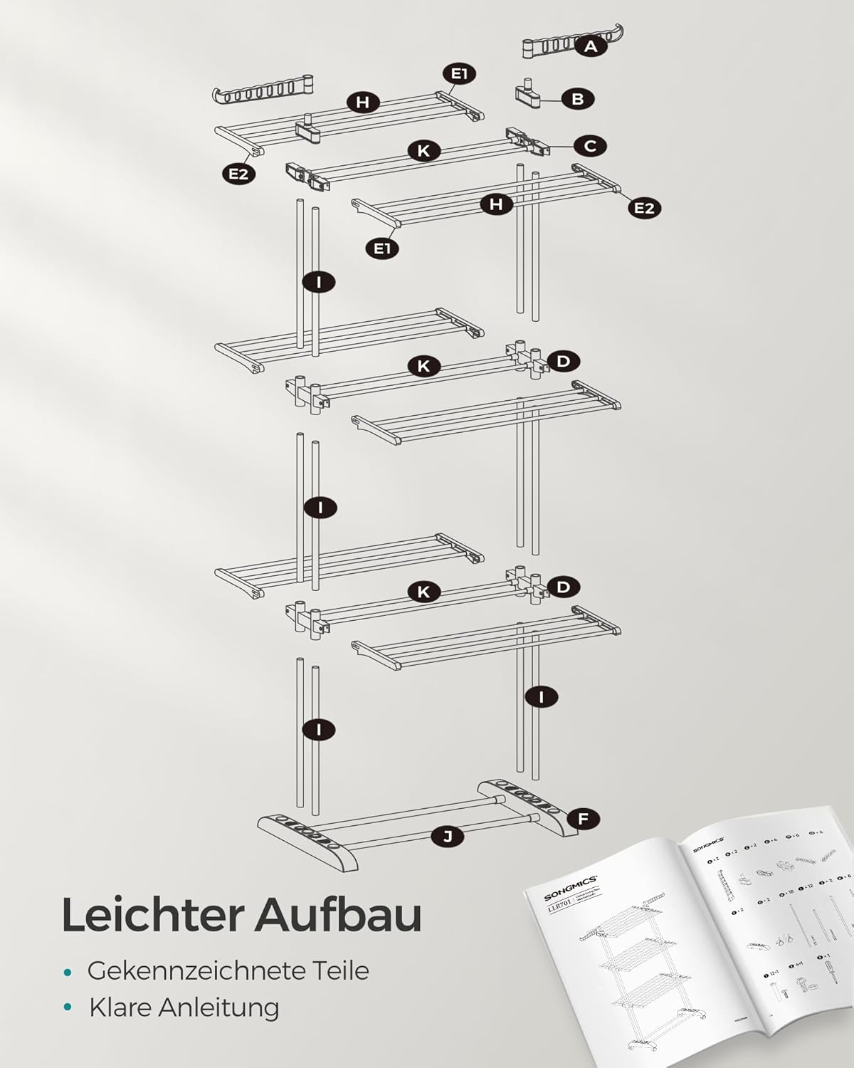 Wäscheständer Hoch, 4 Ebenen, Wäscheständer stabil, Turmwäscheständer mit Rollen, Wäscheständer platzsparend, Grau, Songmics, 10
