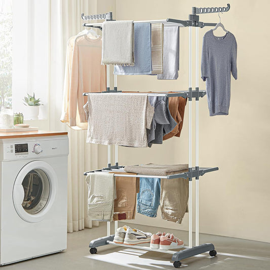 Wäscheständer Hoch, 4 Ebenen, Wäscheständer stabil, Turmwäscheständer mit Rollen, Wäscheständer platzsparend, Weiß, Songmics, 2