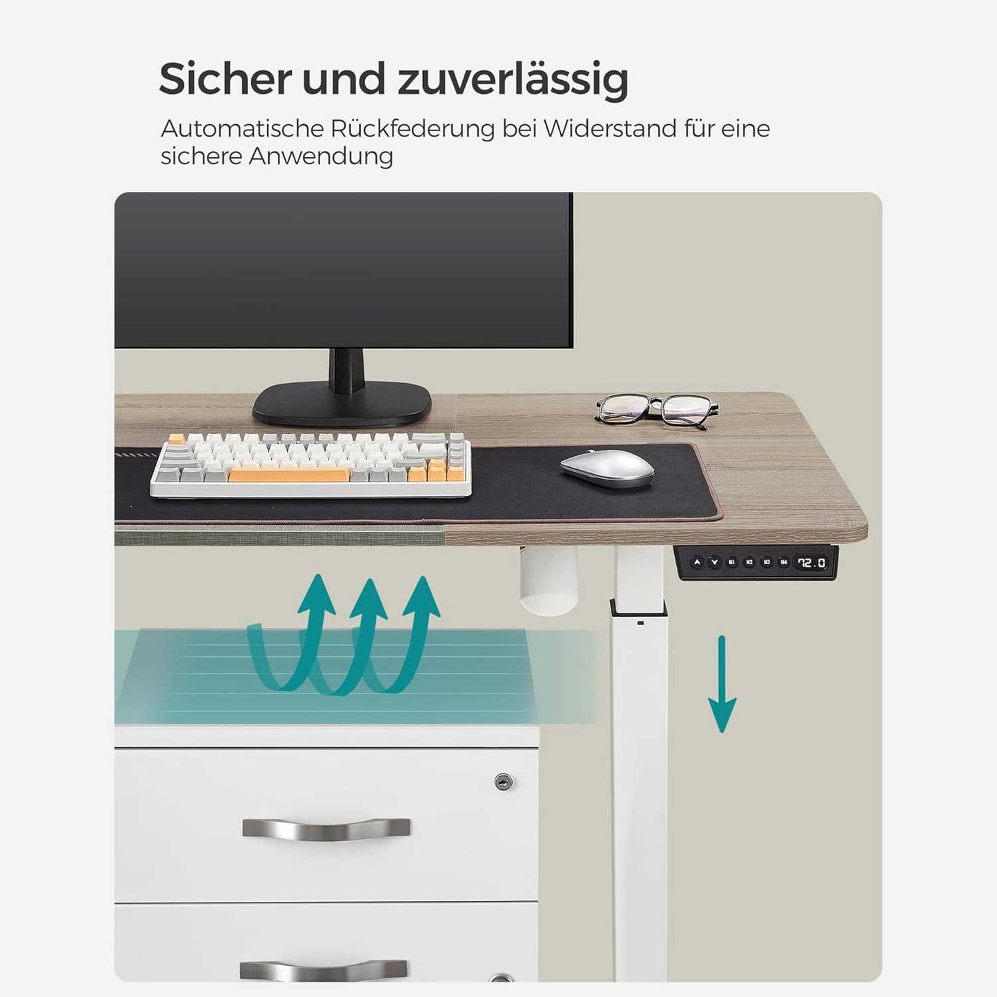 Schreibtisch, Computertisch, Höhenverstellbarer Elektrischer schreibtisch, Memory-Funktion mit 4 Höhen, basisweiß-greige, 2