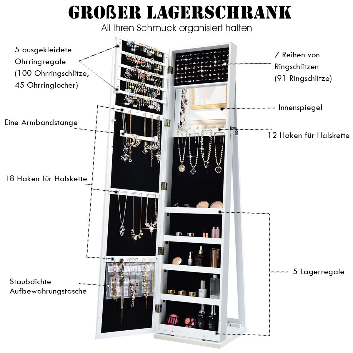 Spiegelschrank, Schmuckaufbewahrung, 2-in-1 großer und abschließbarer Schmuckschrank mit Ganzkörperspiegel Freistehender Weiß, Costway, 6