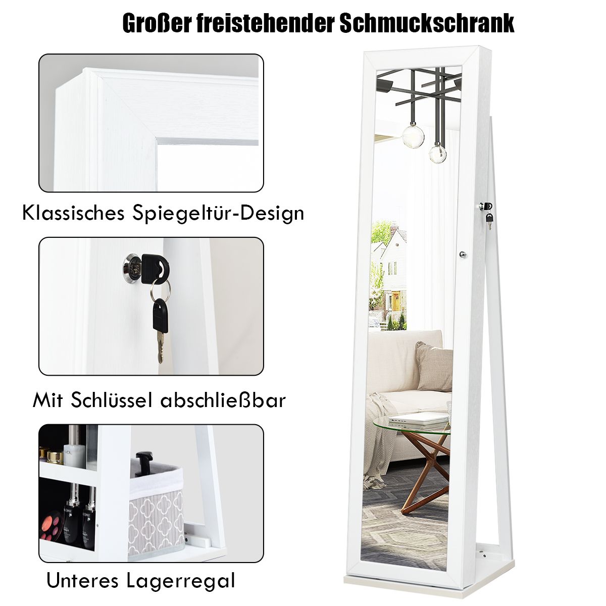 Spiegelschrank, Schmuckaufbewahrung, 2-in-1 großer und abschließbarer Schmuckschrank mit Ganzkörperspiegel Freistehender Weiß, Costway, 8