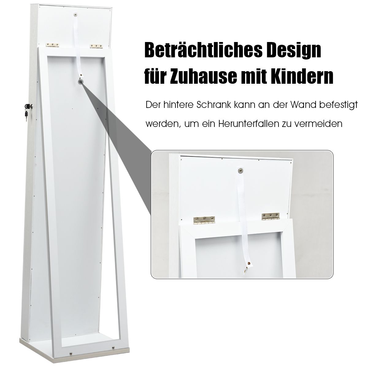 Spiegelschrank, Schmuckaufbewahrung, 2-in-1 großer und abschließbarer Schmuckschrank mit Ganzkörperspiegel Freistehender Weiß, Costway, 9