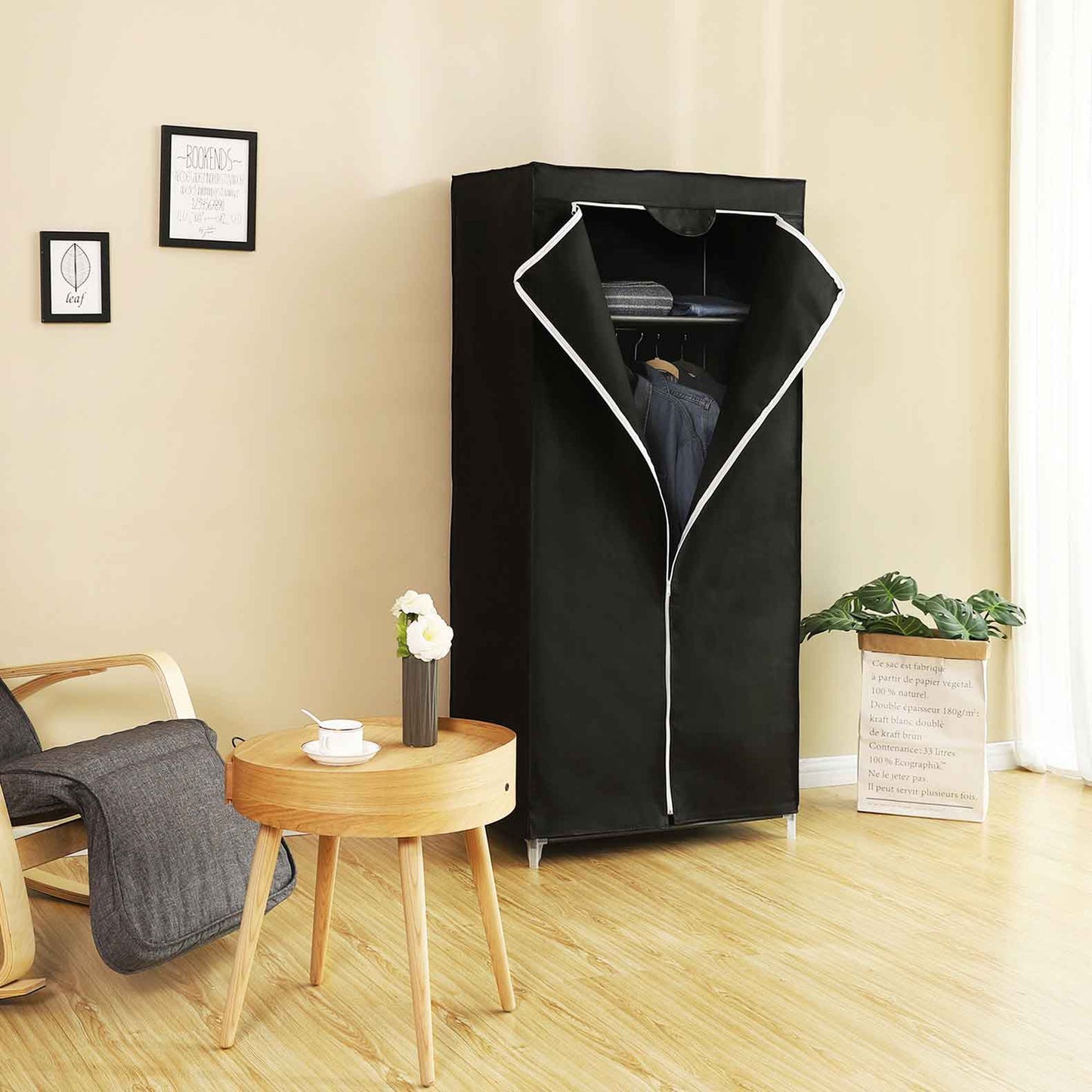Stoffschrank, Stoffkleiderschrank, Faltschrank, zusammenklappbar, mit Kleiderstange, Garderobe, Schwarz, SONGMICS, 1