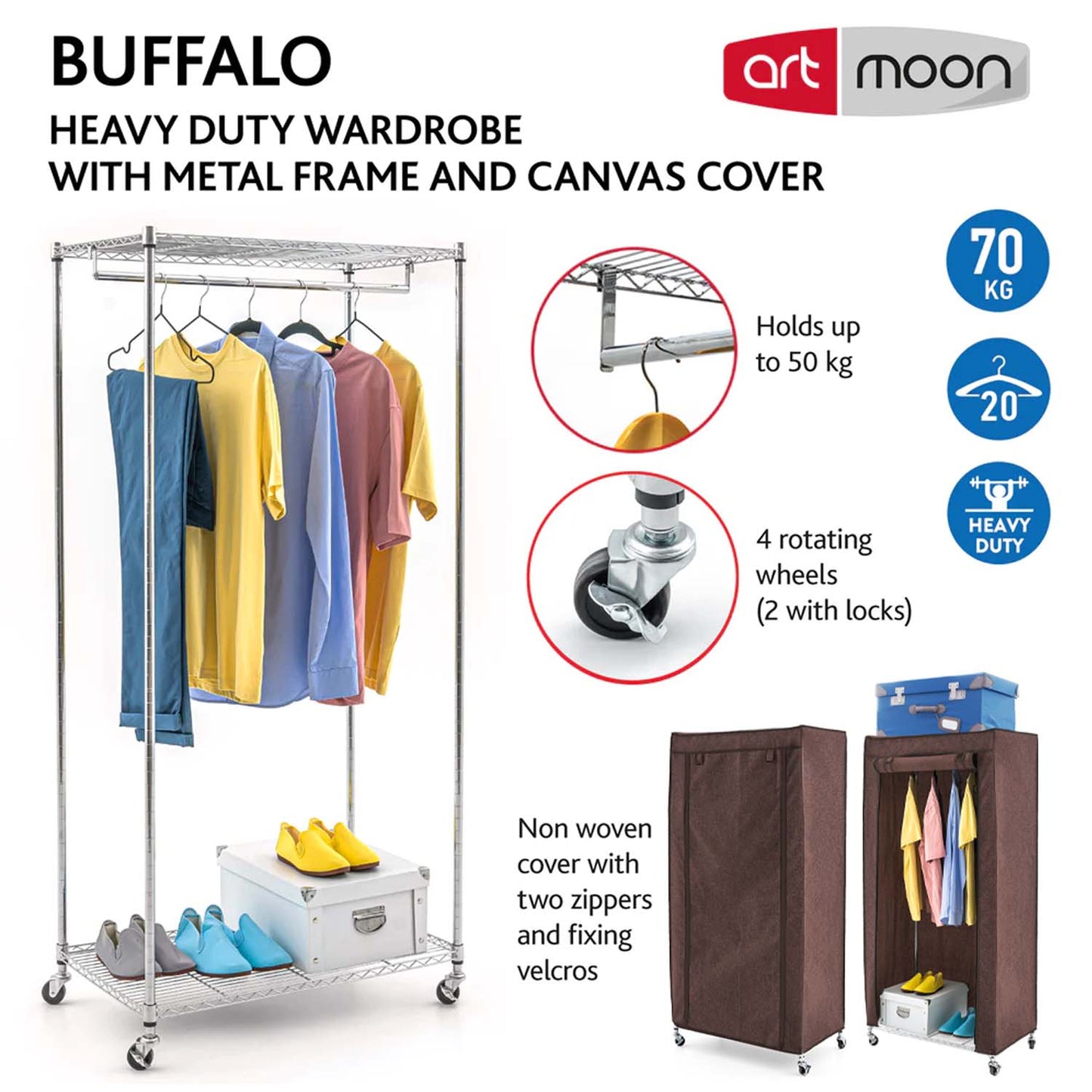 Stoffschrank, Faltschrank , Kleiderständer, Kleiderschrank auf Rollen, art moon Buffalo, 2