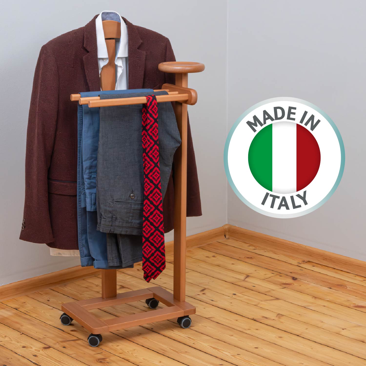 Stummer Diener, Herrendiener modern, Jackenständer, Rollgarderobe, Kleiderständer Holz, Tatkraft Lord, 6