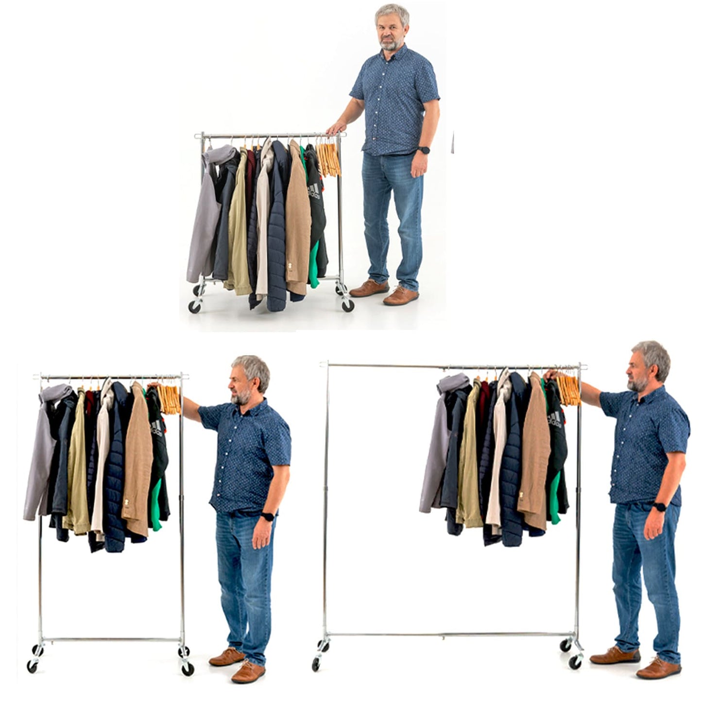 Tatkraft Urban Kleiderständer Sauf Rollen Stabil, ausziehbare Kleiderstange Länge und Höhe, 93-140x41x114-175cm, Garderobe bis 60 kg, Verchromt Stahl