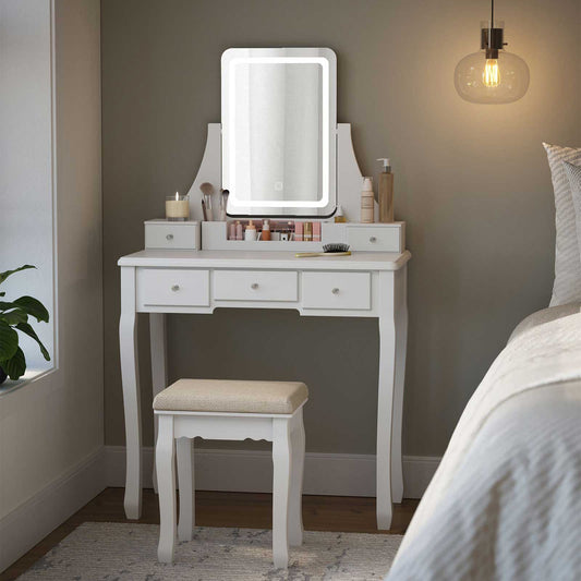 VASAGLE - Schminktisch, Frisiertisch, Schminktisch spiegel, mit LED-Beleuchtung, 360° drehbarem Spiegel, 5 Schubladen, weiß, 1