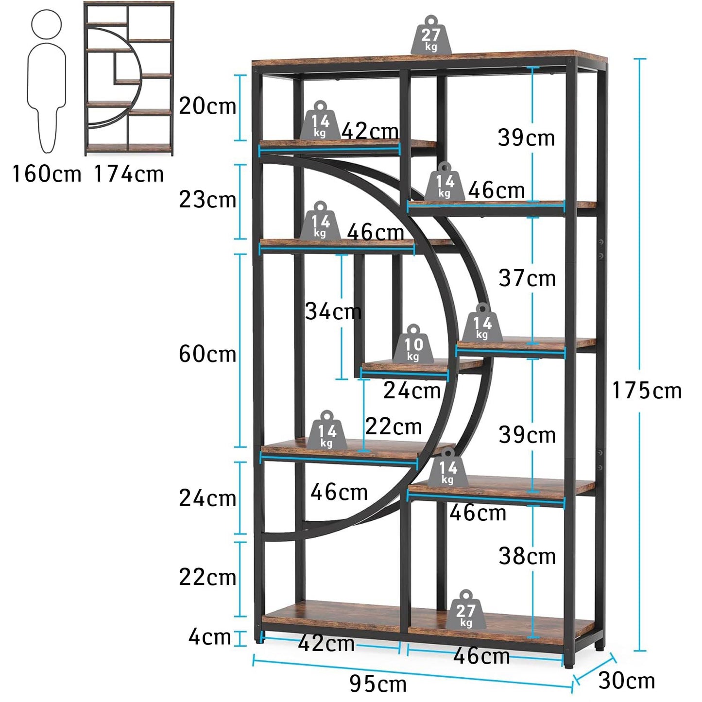 Bücherregal, 5-stöckiges, Bücher Regal, Standregal, Metallregal, Freistehend, mit 9 offenen Ablageflächen, Tribesigns, 8