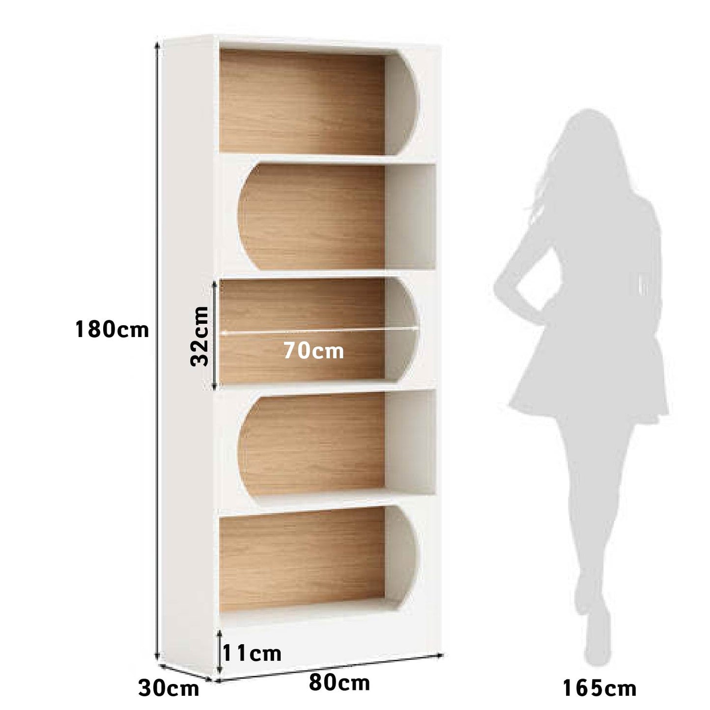 Bücherregal, 5-Stöckiges, Schmales Regal 80x30x180 cm, Standbücherregal mit Lagerregalen, Große Offene Aufbewahrungsregal, Weiß Walnuss, Tribesigns, 2