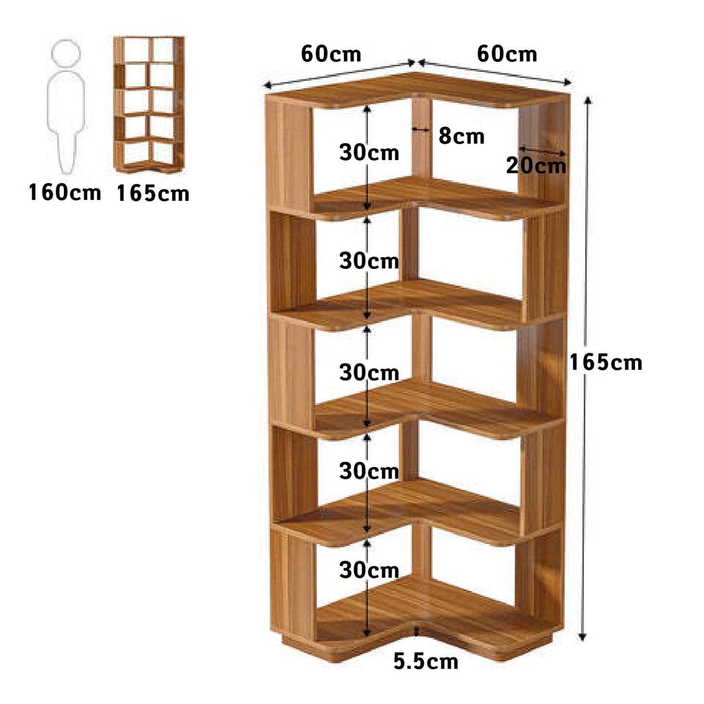 Eck Bücherregal, 6 Etagen, 60 x 60 x 166 cm, Eckregal mit Holzmaserung, Bücherregal, Aufbewahrungsregal für Heimbüro, Wohnzimmer, Tribesigns, 2