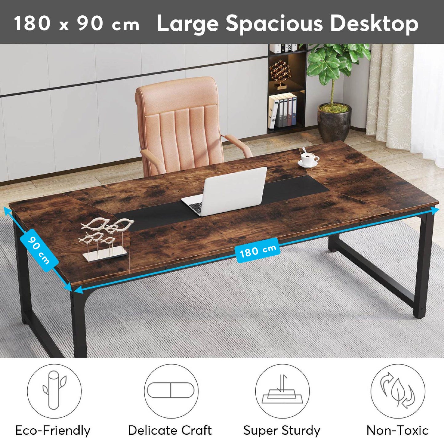 Schreibtisch, 180 x 90 x 77 cm, Computertisch, PC Tisch, Bürotisch, Arbeitstisch, Konferenztisch, für Home Office, Rustikales Braun, Tribesigns, 4