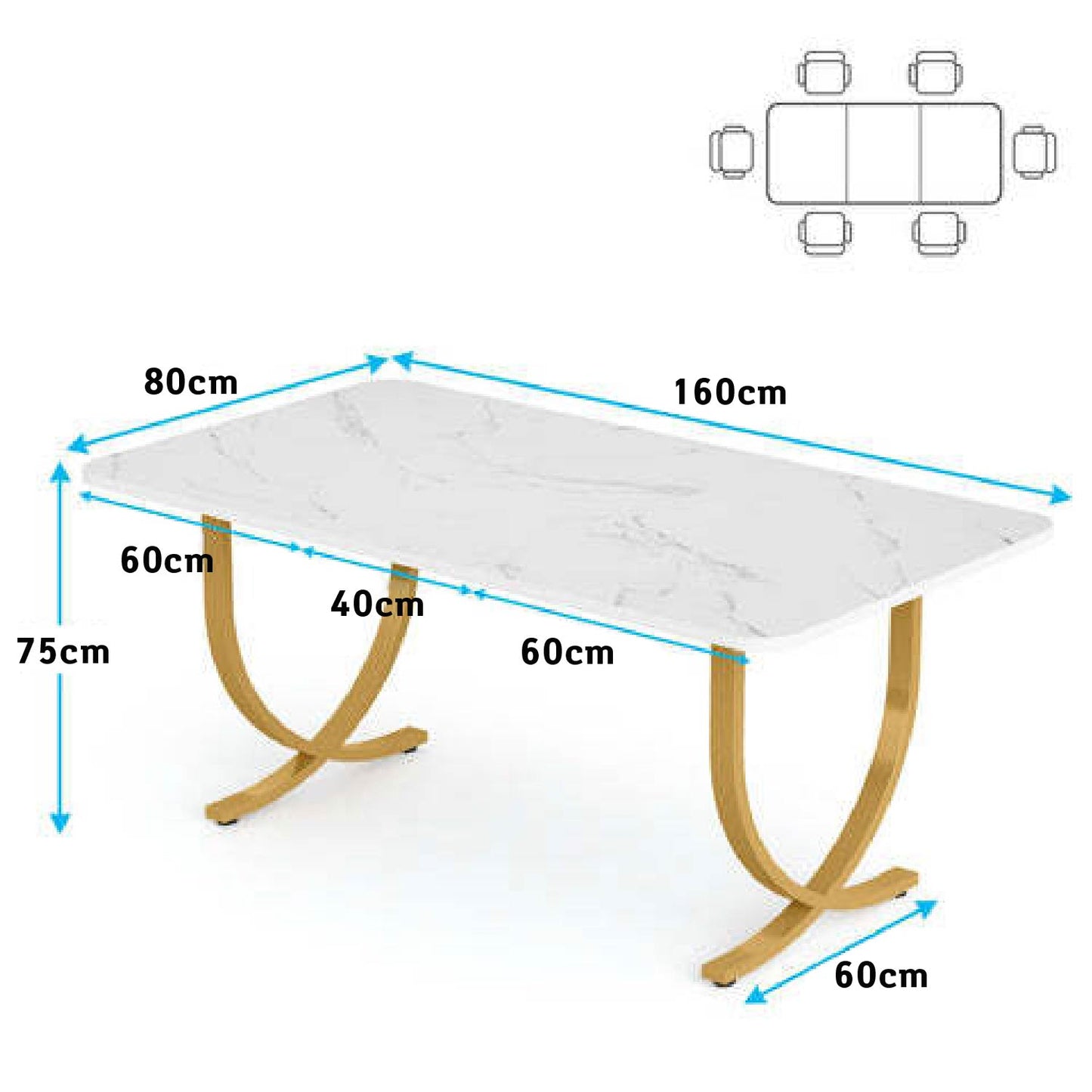 Schreibtisch, 160x80x75 cm, Computertisch, mit Tischplatte aus Kunstmarmor und Metallbeinen, für Home Office, Konferenztisch, Weiß Gold, Tribesigns, 8
