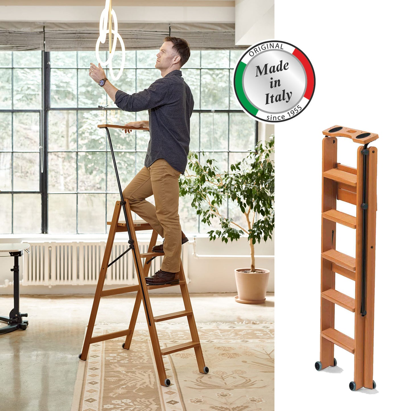 Trittleiter, Holzleiter, 5 Stufen Trittleiter Holz, Rutschfeste Stufen, ARIT TUSCANIA 5, Made in Italy