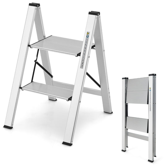 Trittleiter, Trittleiter 2 Stufen, Trittleiter Klappbar, Stehleiter Aluminium Klappleiter bis 150 kg Silber, Castway, 3