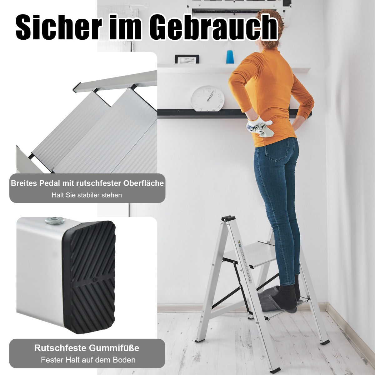 Trittleiter, Trittleiter 2 Stufen, Trittleiter Klappbar, Stehleiter Aluminium Klappleiter bis 150 kg Silber, Castway, 4