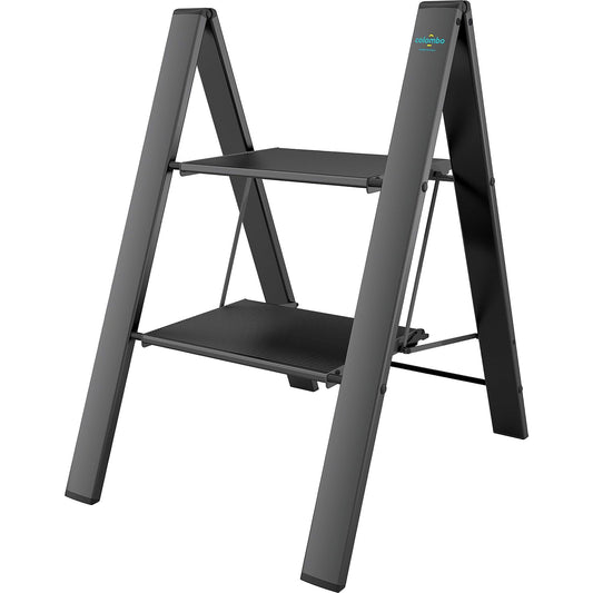 Trittleiter, Trittleiter 2 stufen, Trittleiter Klappbar, Stabil, bis 150 kg, Rutschfeste, Leichte Leiter, Colombo Leonardo 2 Schwarz, 1