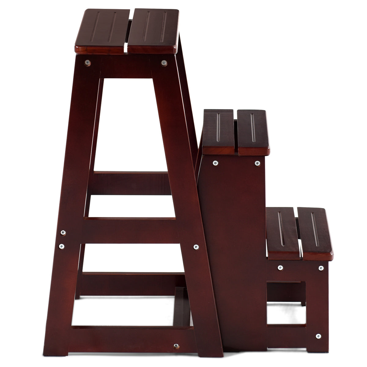 Trittleiter, Trittleiter Holz, Tritthocker klappbar, Leiter Stuhl Hockerleiter Trittstuhl Tritthocker, Braun, Castway, 4