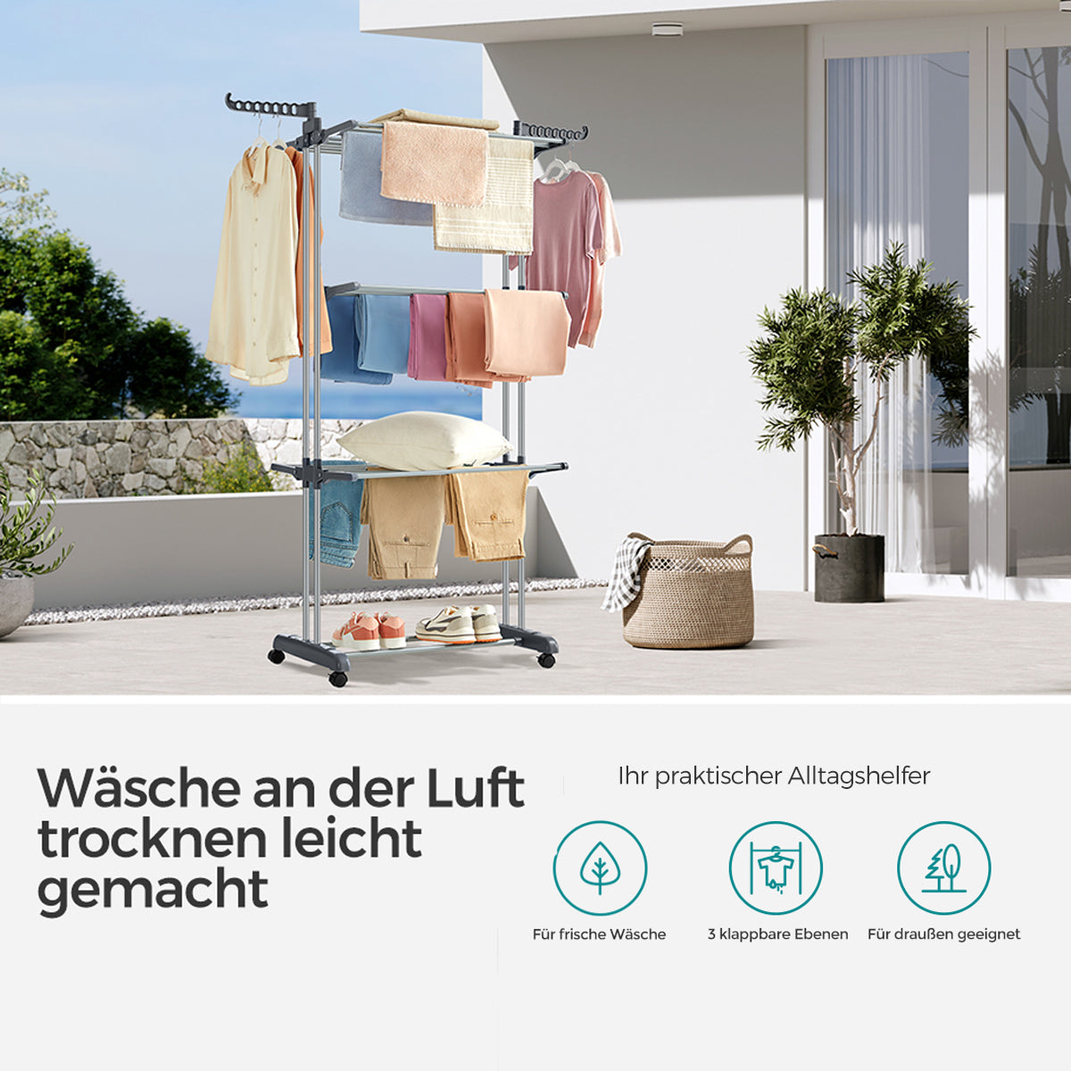 Turmwäscheständer, mit Rollen, Wäscheständer, Hoch, 4 Ebenen, Wäscheständer platzsparend, Stabil, Songmics, 7
