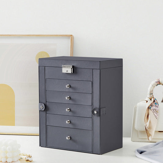 Schmuckkasten groß, 6 Ebenen, Schmuckschatulle, Schmuckbox, mit 5 Schubladen, innen mit Spiegel, Grau, SONGMICS, 3