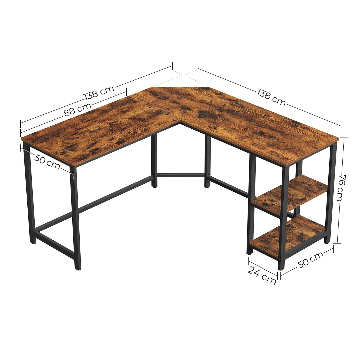 Eckschreibtisch, Schreibtisch L form, Computertisch, 138x138x76 cm, mit 2 Ablagen, vintagebraun, Vasagle, 6