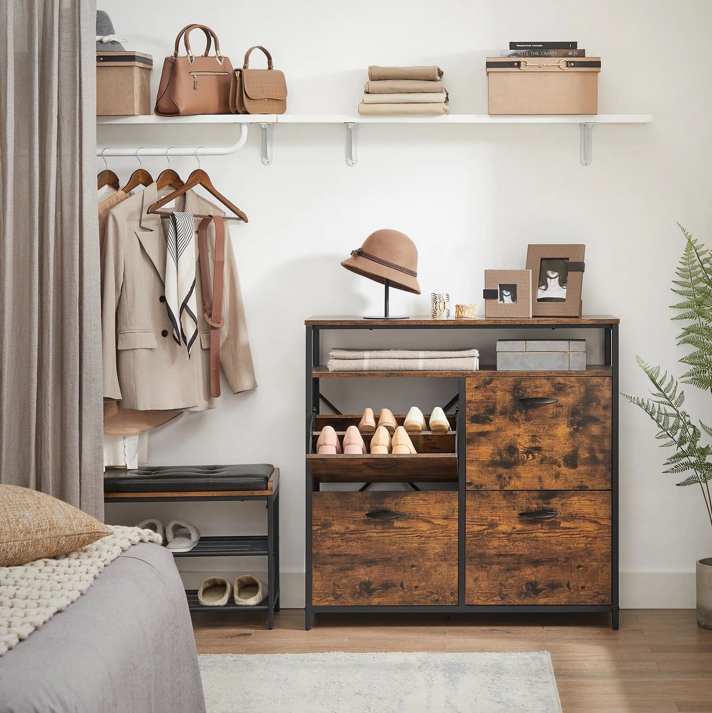 Schuhschrank, Schuhregal, mit 4 Klappen Schuhablage, Schuhkipper, Schuhkommode, im Flur, für 12-20 Paar Schuhe, VASAGLE, 1