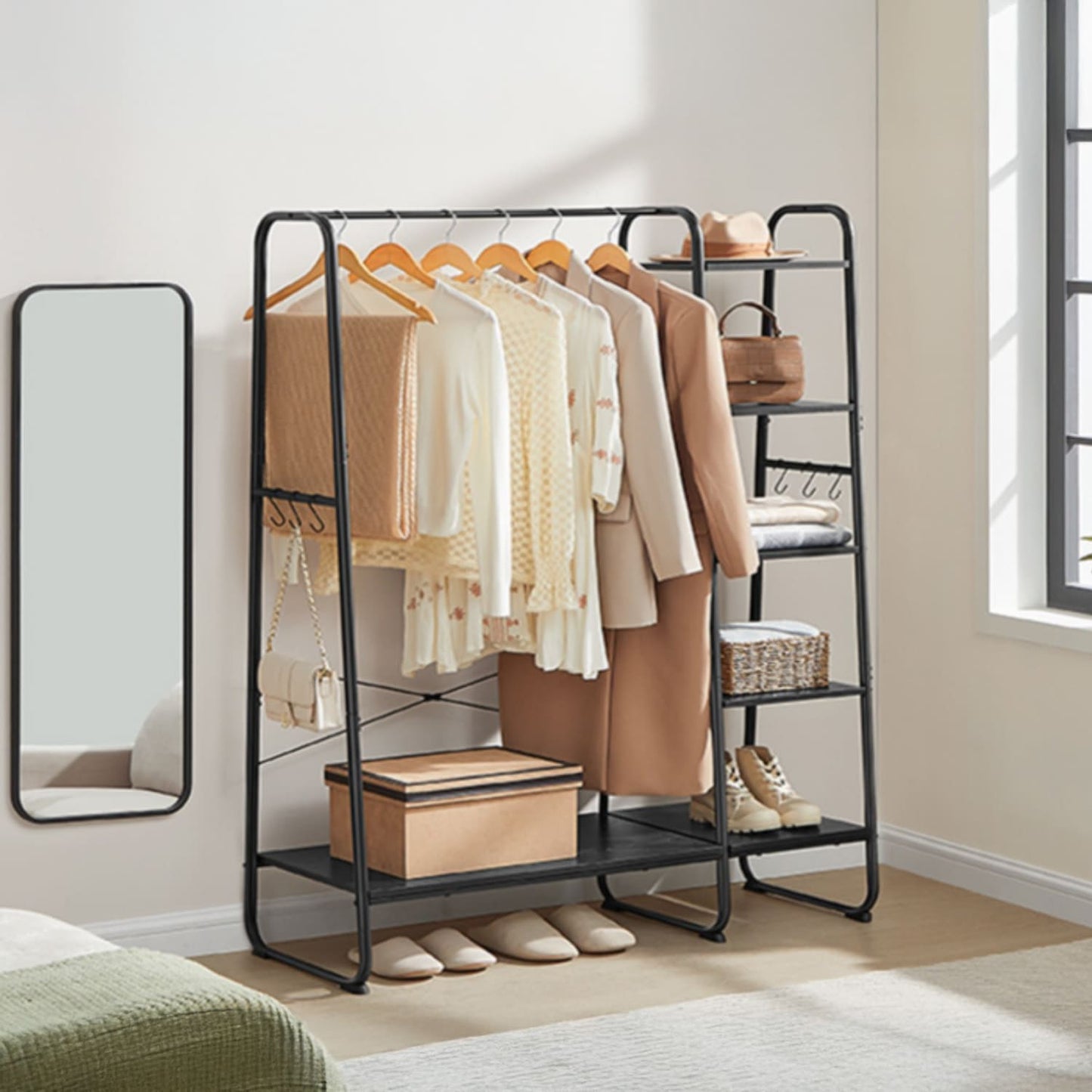 VASAGLE - Schwerlast Kleiderständer, bis 220 kg, Garderobenständer, Garderobe Flur, Schuhregale, 5 Ablagen, 6 Haken, offener Kleiderschrank, Schwarz