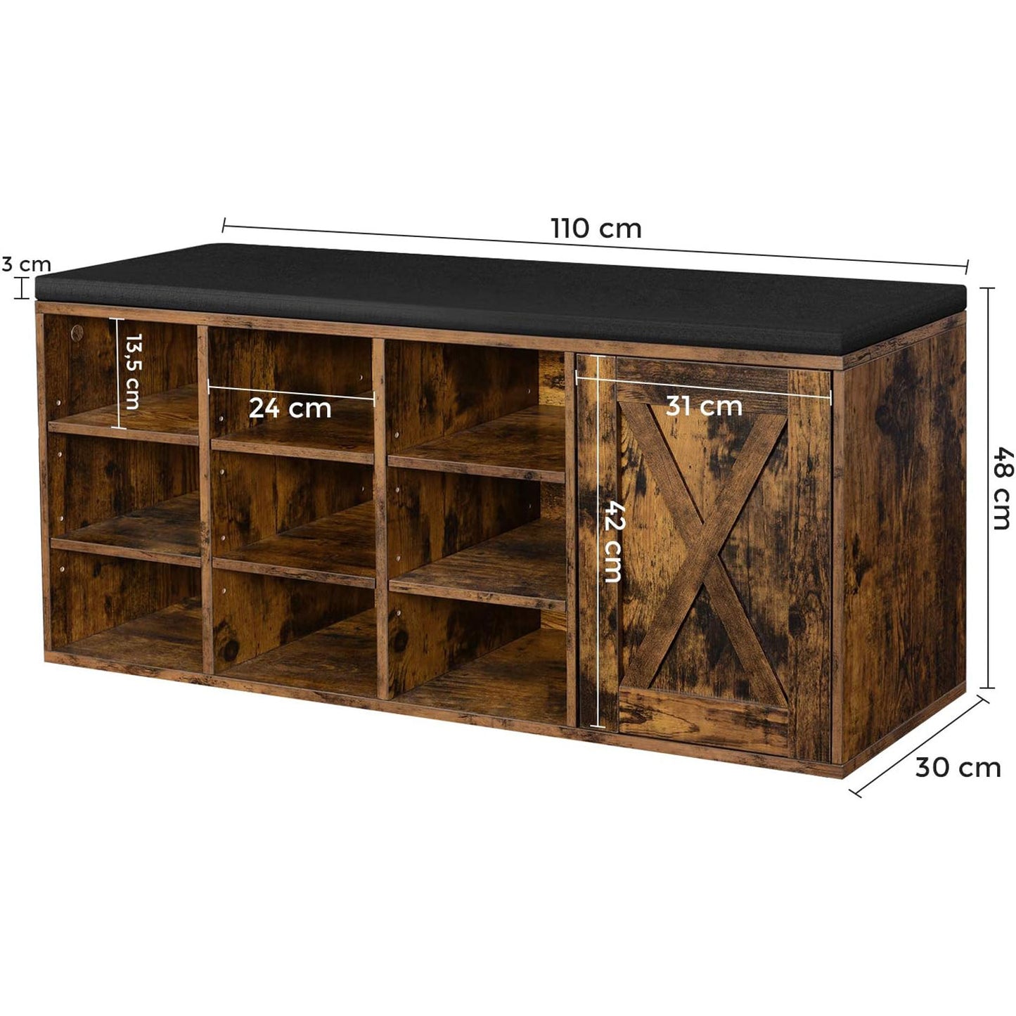 VASAGLE - Schuhbank, Aufbewahrungsschrank, Schuhregal mit 9 offenen Fächern und einem Schrank, rustikale Tür, vintagebraun