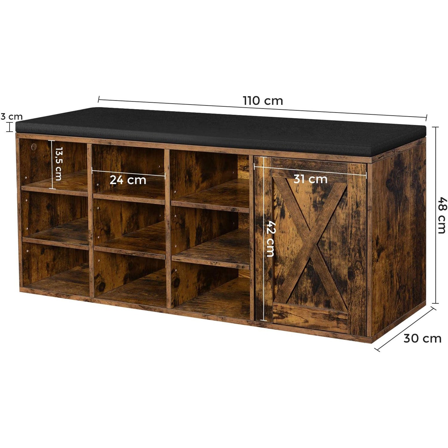 VASAGLE - Schuhbank, Aufbewahrungsschrank, Schuhregal mit 9 offenen Fächern und einem Schrank, rustikale Tür, vintagebraun