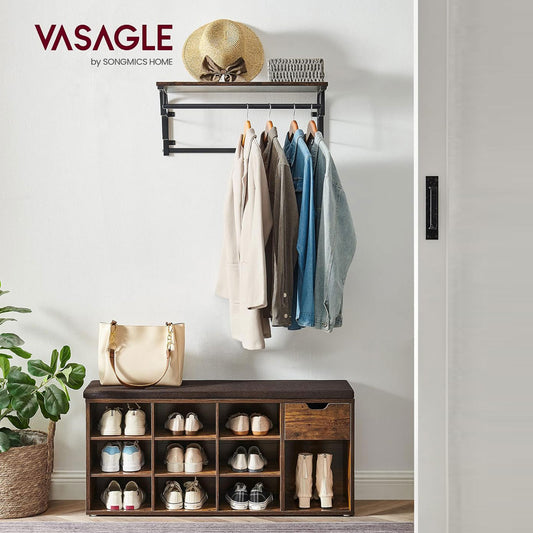 Schuhbank, Schuhregal mit Schublade und offenen Fächern, Sitzbank, gepolsterter Sitz, vintagebraun-braun