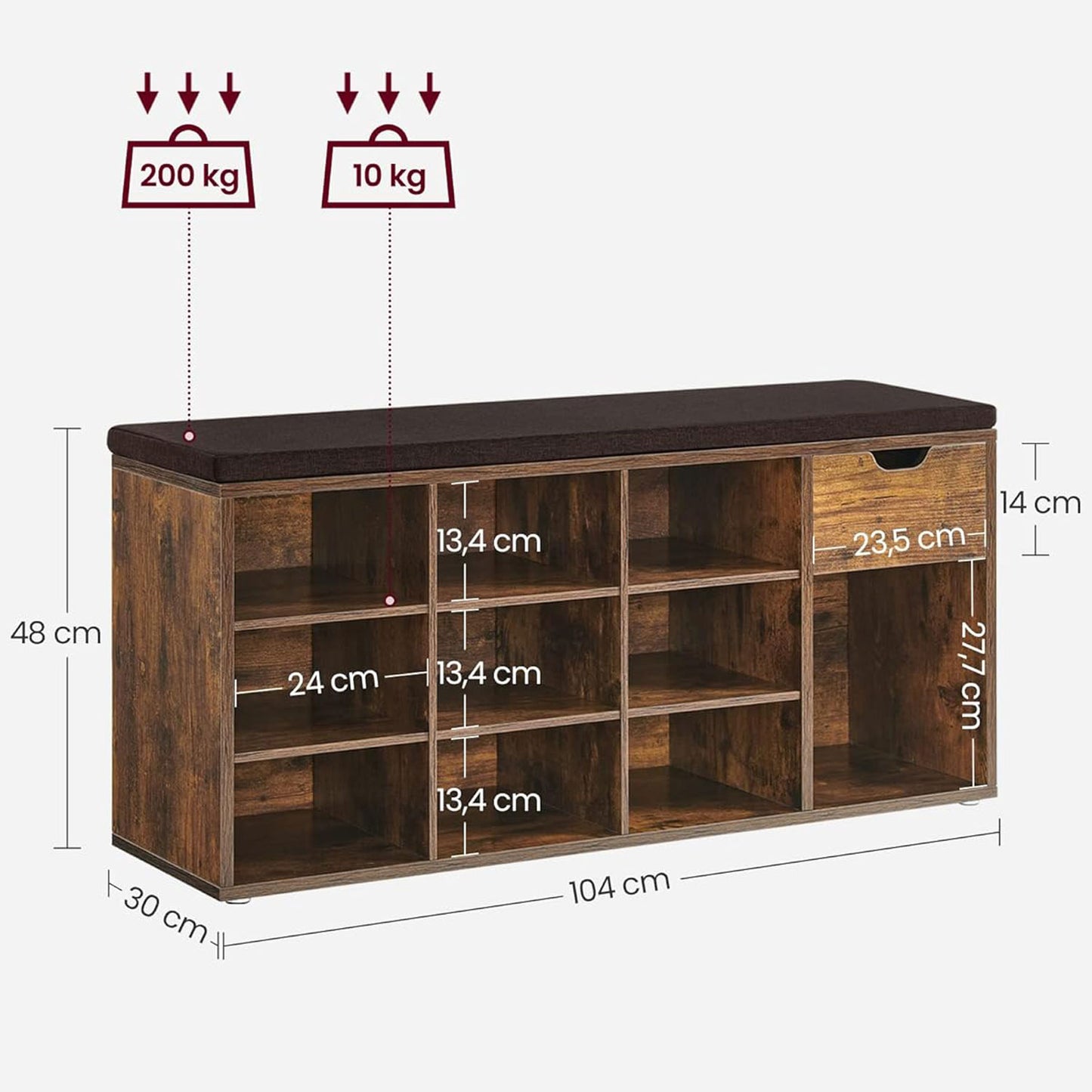 VASAGLE - Schuhbank, Schuhregal mit Schublade und offenen Fächern, Sitzbank, gepolsterter Sitz, vintagebraun-braun