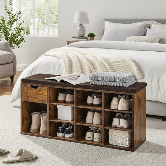 Schuhbank, Schuhregal mit Schublade und offenen Fächern, Sitzbank, gepolsterter Sitz