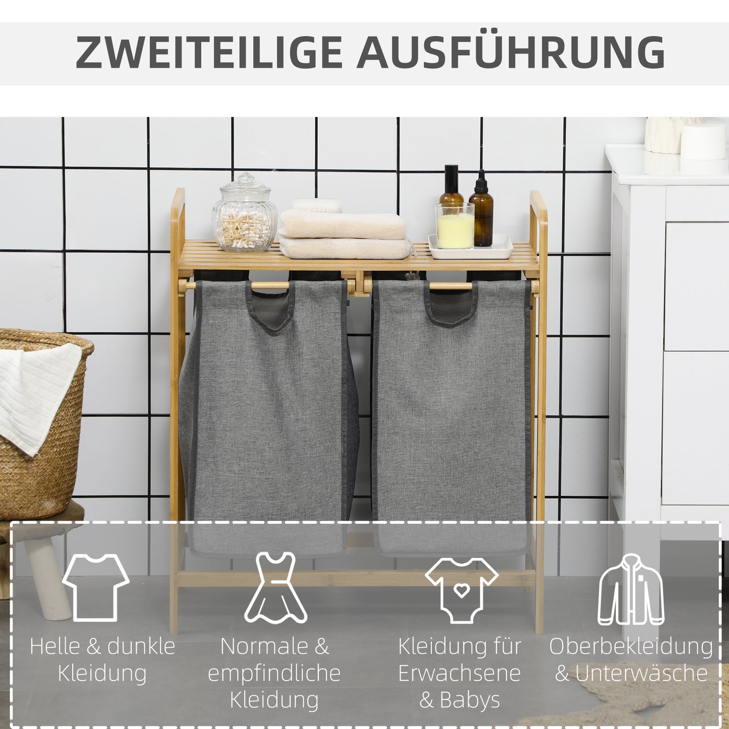 Wäschekorb 2 Fächer, Wäschesammler, Wäschebox, abnehmbaren Wäschesäcken, Wäschekorb Regal, mit Plattform Bambus, Grau Natur, HOMCOM, 6