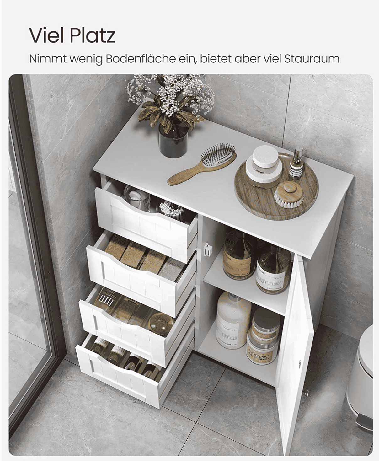 Vasagle Badschrank aus Holz, Badezimmerschrank mit 4 Schubladen und verstellbare Ablage, Weiß