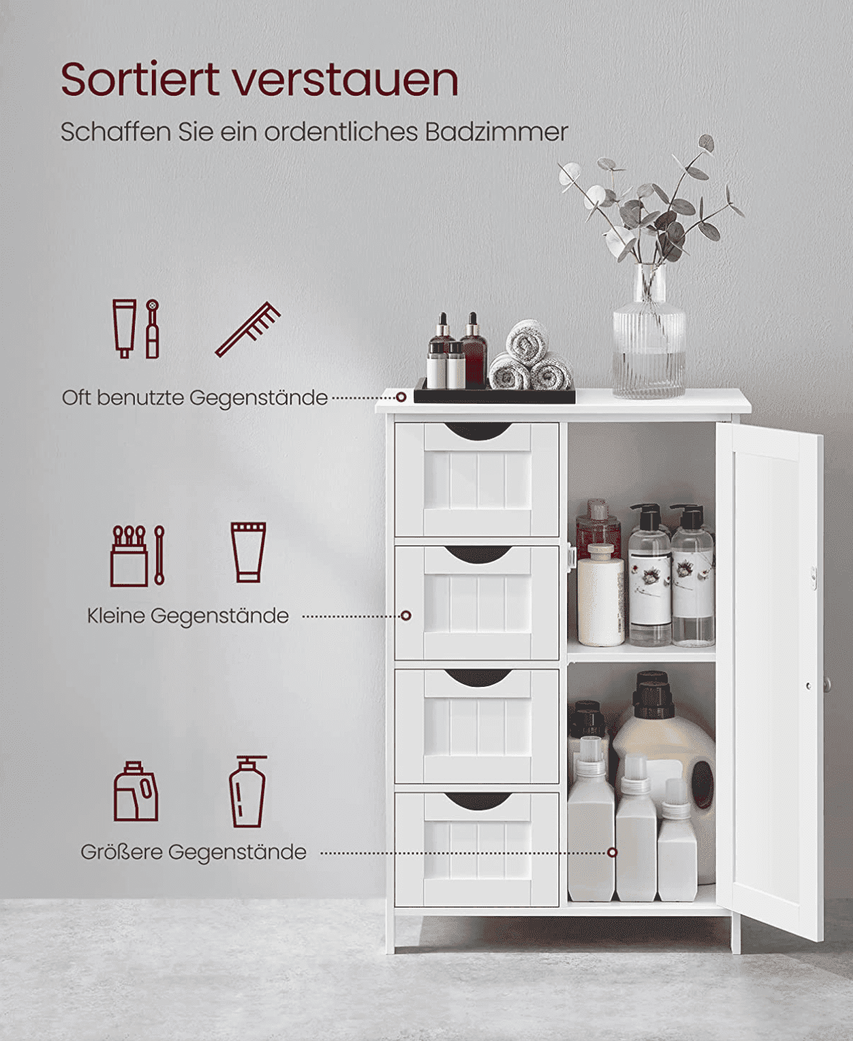 Vasagle Badschrank aus Holz, Badezimmerschrank mit 4 Schubladen und verstellbare Ablage, Weiß